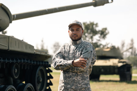 Asian man special forces soldier standing against on the field Mission. Commander Army soldier military defender of the nation in uniform standing near battle tank while state of war.の写真素材