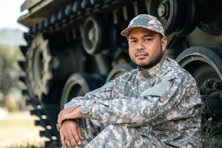 Asian man special forces soldier against on the field Mission. Commander Army soldier military defender of the nation in uniform sitting near battle tank while state of war.の写真素材