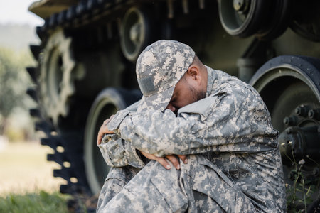 Stressed depressed crying lose war Asian man special forces soldier against on the field Mission. Commander Army soldier military defender of the nation in uniform near battle tank state of war.の写真素材