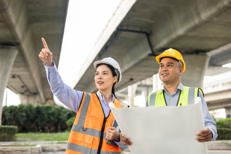 Two Asian worker engineer man and woman architect looking construction with white safety helmet in...