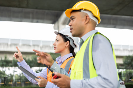 Two Asian worker engineer man and woman architect looking construction with white safety helmet in...