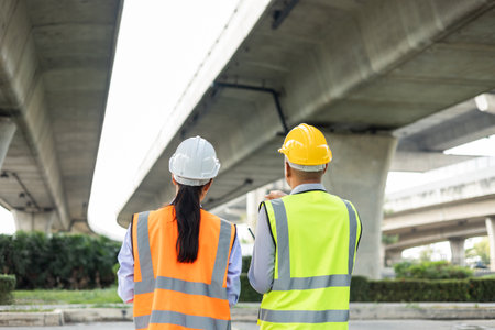 Two Asian worker engineer man and woman architect looking construction with white safety helmet in construction site. Standing at highway concrete road site. Work planning with blueprint and tablet.の写真素材