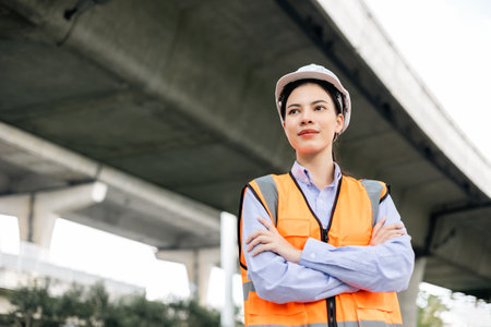 Asian engineer worker woman or architect looking construction with white safety helmet in construction site. Standing at highway concrete road site. Progress planning of highway bridge.の写真素材