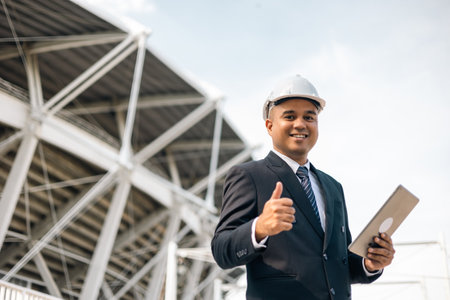 Businessman manager owner real estate working with digital tablet at modern office building. Cooperation of architect designer. Engineer with safety helmet checking at working construction siteの写真素材