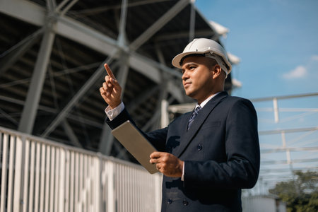 Businessman manager owner real estate working with digital tablet at modern office building. Cooperation of architect designer. Engineer with safety helmet checking at working construction siteの写真素材
