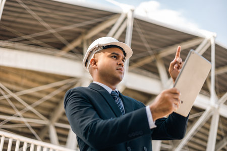 Businessman manager owner real estate working with digital tablet at modern office building. Cooperation of architect designer. Engineer with safety helmet checking at working construction siteの写真素材