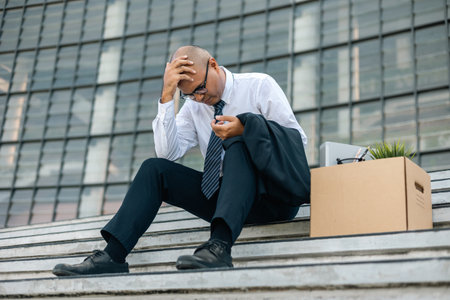 Sadness depressed Businessman with box cardboard packing personal items after losing jobs. Failure businessman sitting at stair front of building. Your fired Unemployed Jobless People Crisisの写真素材
