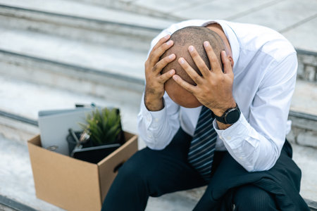 Sadness depressed Businessman with box cardboard packing personal items after losing jobs. Failure businessman sitting at stair front of building. Your fired Unemployed Jobless People Crisisの写真素材