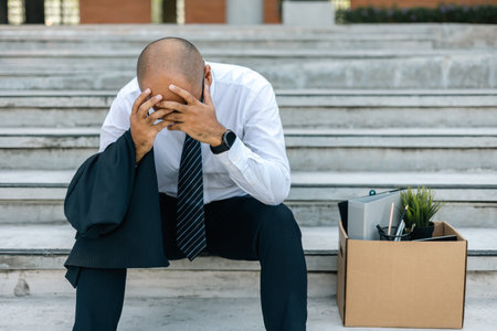 Sadness depressed Businessman with box cardboard packing personal items after losing jobs. Failure businessman sitting at stair front of building. Your fired Unemployed Jobless People Crisisの写真素材