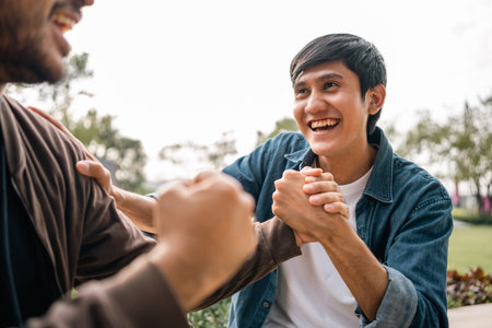 Happy excited two man hands bumping. Friend are happy cheer up football match.の写真素材