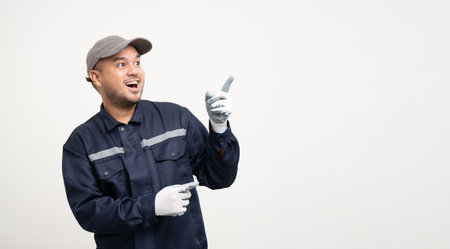 Technician workers in uniform maintenance service with blankspace. Profession of service industry house repair. Home services copy space concept isolated background.の写真素材