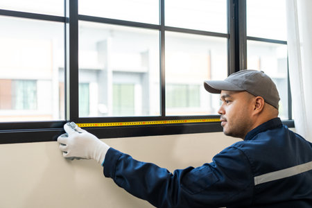 Technician worker in uniform using measuring tape toolÂ to measuring window in the construction site.の写真素材