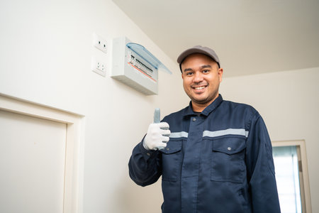 Portrait electrician man in uniform maintenance or fixing switches sockets  circuit breaker electrical system. Technician fixing an electric fuse at home. Home service concept.の写真素材
