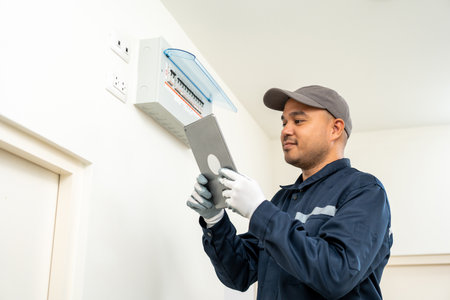 Electrician man in uniform using tablet for maintenance or fixing switches sockets  circuit breaker electrical system. Technician fixing an electric fuse at home. Home service concept.の写真素材