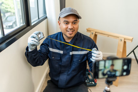 Technician is record video broadcasting live teaching how to use construction tools.の写真素材