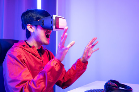 Young man interesting with virtual simulated world. Into the future digital cyber universe. Future...