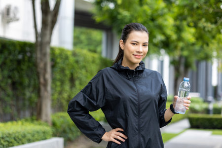 Happy slim woman drinking water after workout exercising in the city at sunrise. Young beautiful...