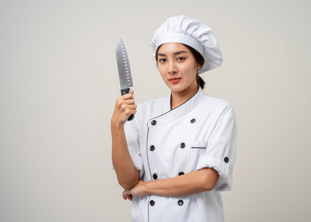 Young beautiful asian woman chef in uniform holding holding chef knife various gesture action cooking in the kitchen on isolated. Cooking woman chef people in kitchen restaurantの写真素材