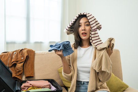Happy Beautiful woman to folding her clothes pack suitcase for travel in holiday. Young female...