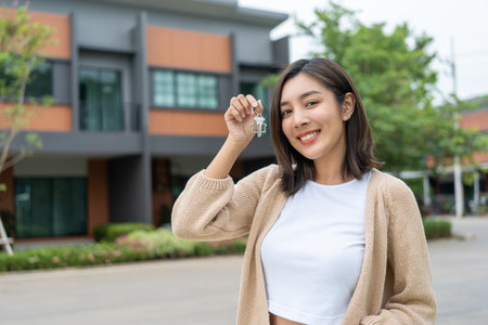 Woman buying or rent new home she holding key front of new house. Surprise happy young asian woman giving house key and smile to rent or purchase apartment home. Moving relocation concept.の写真素材