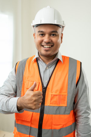 Vertical of Confident engineer handsome man at modern home building construction. Architect with white safety helmet at site. Real Estate building under construction. Foreman senior workerの写真素材