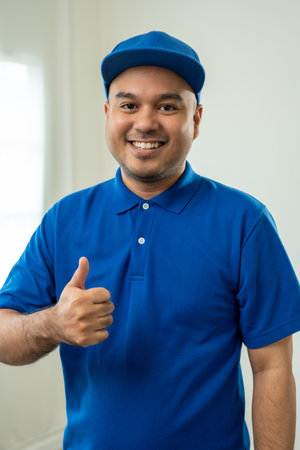 Vertical of Happy asian man in blue uniform standing on isolated white background. Smiling male delivery service worker. Delivery courier and shipping service.の写真素材