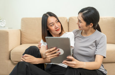 Moment lesbian LGBTQ woman couple sharing love and play social media with tablet. Good relationship time lesbian couple same-sex marriage. LGBTQ pride month, Pride Event.の写真素材