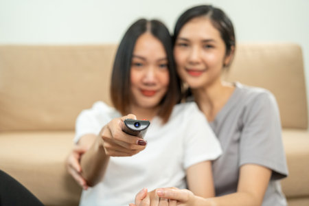 Relationship time of lesbian couple same-sex marriage embracing and expressing love watching television. Happy moment lesbian LGBTQ woman couple sharing love and support holding hands.の写真素材