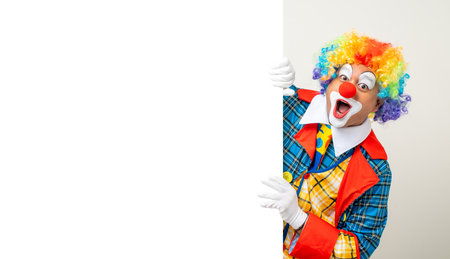 Mr Clown. Portrait of Funny face Clown man in colorful uniform standing holding copy space. Happy expression male bozo in various pose with frame mockup blank space on isolated background.の写真素材