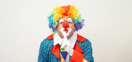 Mr Clown. Portrait of Funny face Clown man in colorful uniform standing variety action. Happy expression male bozo in various pose on isolated background.の写真素材