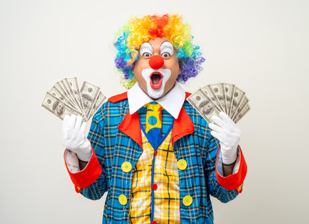 Mr Clown. Portrait of Funny face Clown man in colorful uniform standing holding a lot of money for gambling. Happy expression male bozo in various pose on isolated background.の写真素材