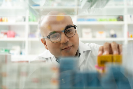 Professional asian man pharmacist checks inventory arrangement of medicine in pharmacy drugstore. Male Pharmacist wearing uniform standing near drugs shelves counter prescription to customersの写真素材