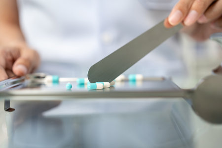 Close up Pharmacist woman hands counting drugs pills arranging assortment working in drug shelves...