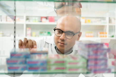 Professional asian man pharmacist checks inventory arrangement of medicine in pharmacy drugstore. Male Pharmacist wearing uniform standing near drugs shelves counter prescription to customersの写真素材
