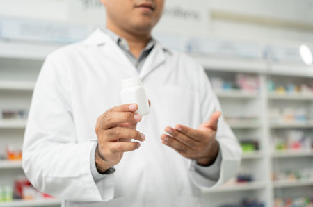 Professional asian man pharmacist checks inventory arrangement of medicine in pharmacy drugstore. Male Pharmacist wearing uniform standing near drugs shelves counter prescription to customersの写真素材