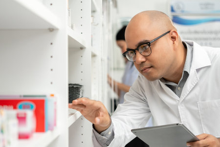 Professional asian man pharmacist checks inventory arrangement of medicine in pharmacy drugstore. Male Pharmacist wearing uniform standing near drugs shelves counter prescription to customersの写真素材