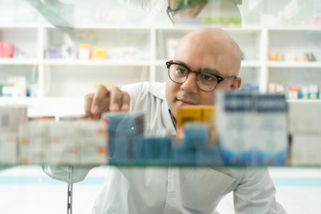 Professional asian man pharmacist checks inventory arrangement of medicine in pharmacy drugstore. Male Pharmacist wearing uniform standing near drugs shelves counter prescription to customersの写真素材