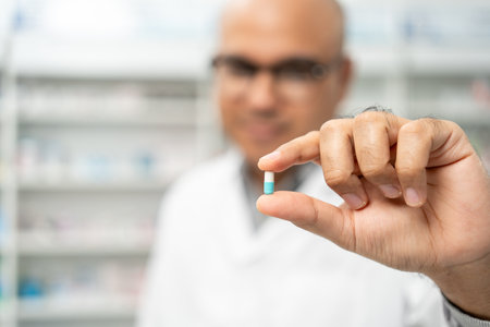 Professional asian man pharmacist checks inventory arrangement of medicine in pharmacy drugstore. Male Pharmacist wearing uniform standing near drugs shelves counter prescription to customersの写真素材