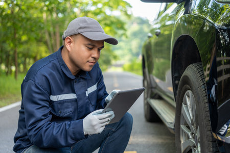 Professional car mechanic maintenance vehicle. The mechanic opens the front of the car. Checking the broken engine. Check the damage as listed. Repair car outside service.の写真素材