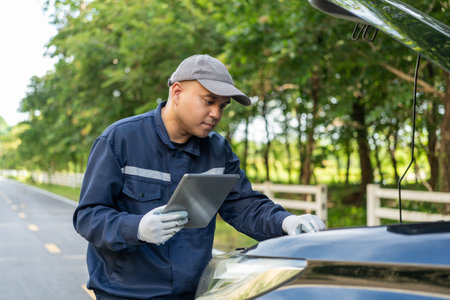 Professional car mechanic maintenance vehicle. The mechanic opens the front of the car. Checking the broken engine. Check the damage as listed. Repair car outside service.の写真素材