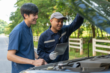 Professional mechanic talking in a conversation with the car owner, explaining the car's issue and the methods of repair. Checking the broken engine and damage as listed. Repair car outside service.の写真素材