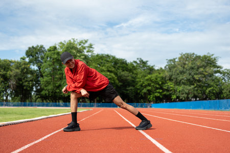 Young asian man wearing sportswear running outdoor. Portraits of Indian man stretching leg before running on the running track at sport stadium. Training athlete work out at outdoor concept.の写真素材