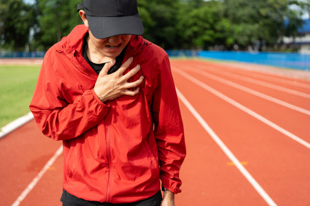 Young asian indian man tired during jogging on the track in sport stadium. Young asian male intense...