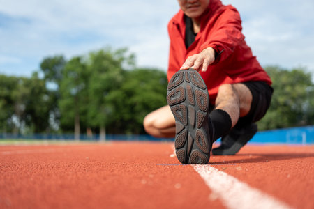 Young asian man wearing sportswear running outdoor. Portraits of Indian man stretching leg before running on the running track at sport stadium. Training athlete work out at outdoor concept.の写真素材
