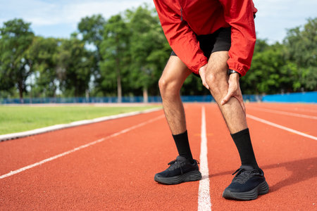 Young man tired during jogging on the track in sport stadium. Runner has sore knees because he has been running for too long. Exercising until the injury. Training athlete work out at outdoor.の写真素材