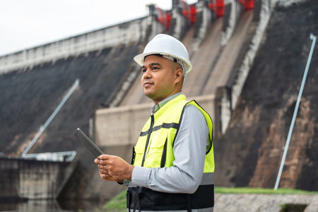 Professional asian maintenance engineer man with safety helmet in construction site dam with hydroelectric power plant and irrigation. Manager engineer man working at project big building.の写真素材