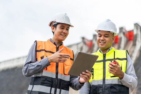 Confident asian two maintenance engineers man inspection discussstion with tablet at construction site dam with hydroelectric power plant and irrigation. Team engineer man working at projectの写真素材