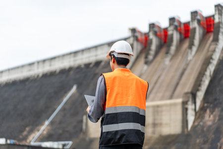 Professional asian maintenance engineer man with safety helmet in construction site dam with hydroelectric power plant and irrigation. Manager engineer man working with tablet at project big building.の写真素材