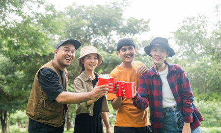 Cheers! Group of asian people friend party camping in nature making toasting with soft drink and...