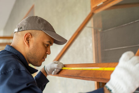 Technician worker in uniform using measuring tape toolÂ to measuring wood window in the home...